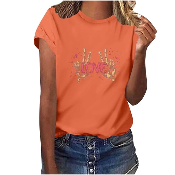 Qulqfy Womens Love Print Tshirts Orange Short Sleeve Shirts Crew Neck Graphic Spring Summer Tees L