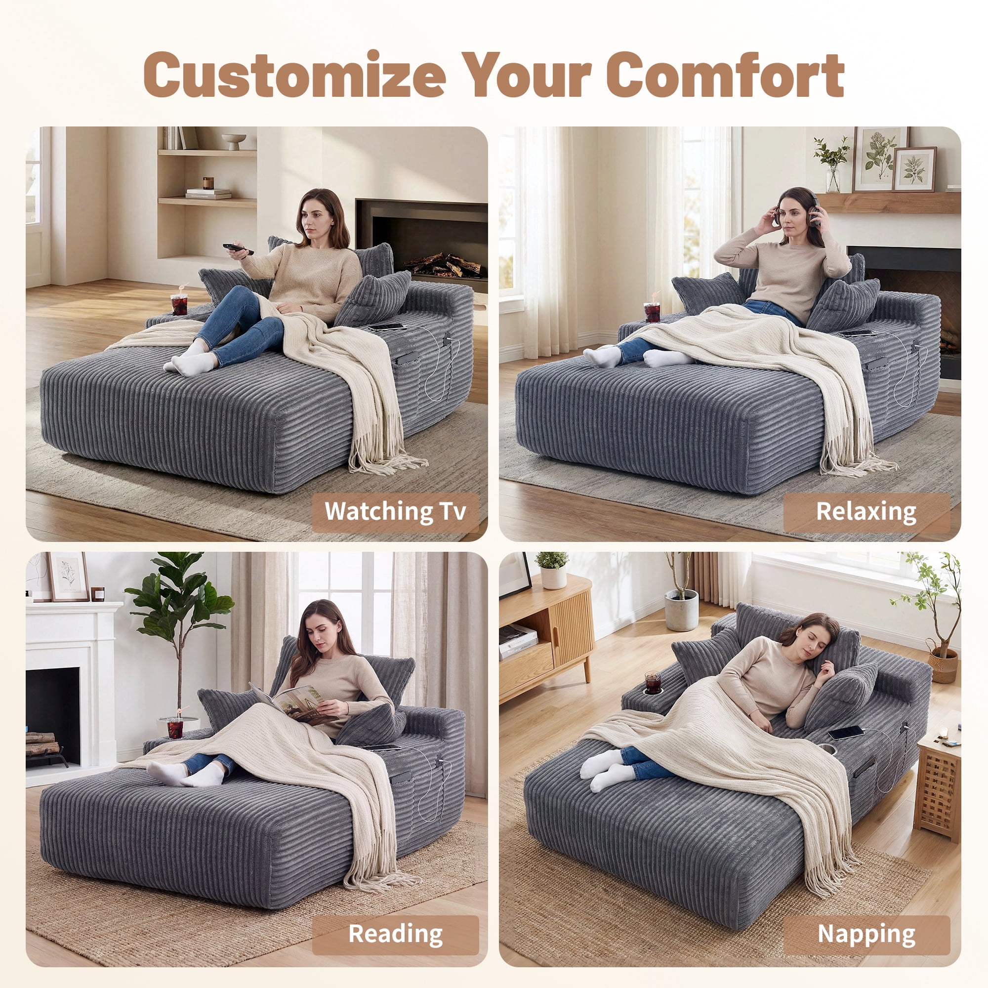 66 Inch Chaise Lounge Chair for Indoor Use, Oversized Corduroy Upholstered Boneless Sofa Bed, Deep Seat Sleeper Couch, No Assembly Required，800lb Support gray