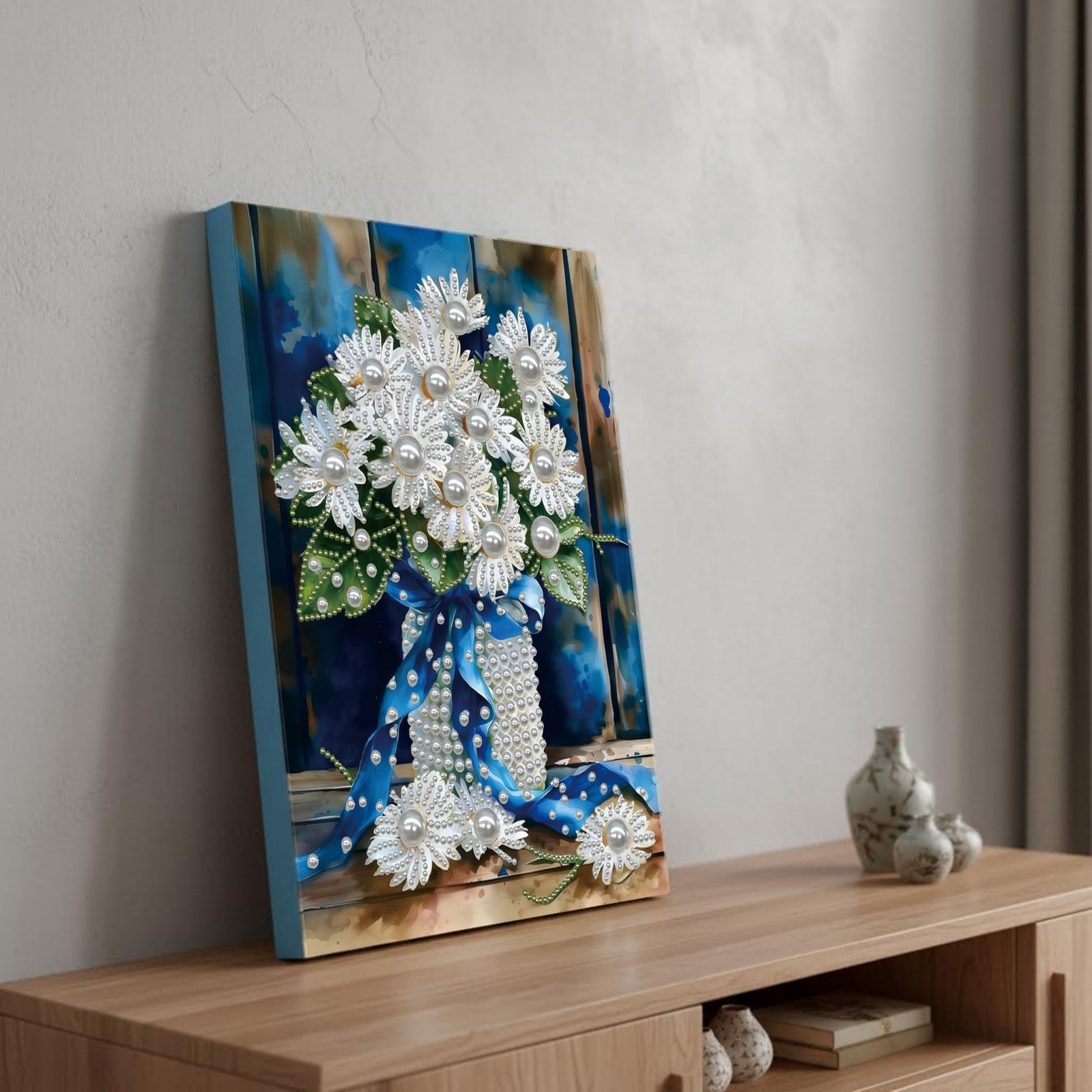 FLOPESN DIY Gemstone Pearl Diamond Art Painting Kit with Frame, 11.81x15.75in Colored Canvas, Home Decor Display for Tabletop and Wall -Bouquet