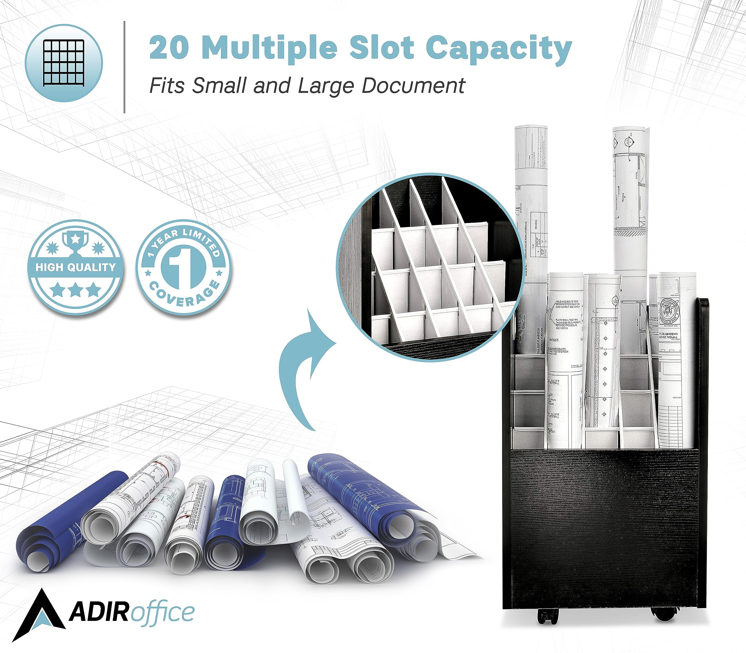 Adir Blue Print Storage Organizer- Mobile Roll File Cart, Construction Plan Holders, Blueprint Cabinet with Wheels (20 Slots, Black)