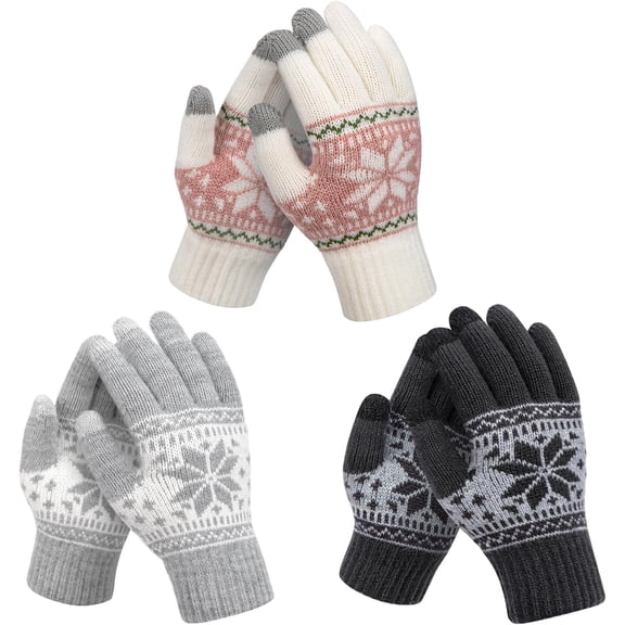 3 Pairs Touch Screen Gloves Snow Flower, Warm Knit Winter Gloves Christmas Gifts Stocking Stuffers for Women Gifts
