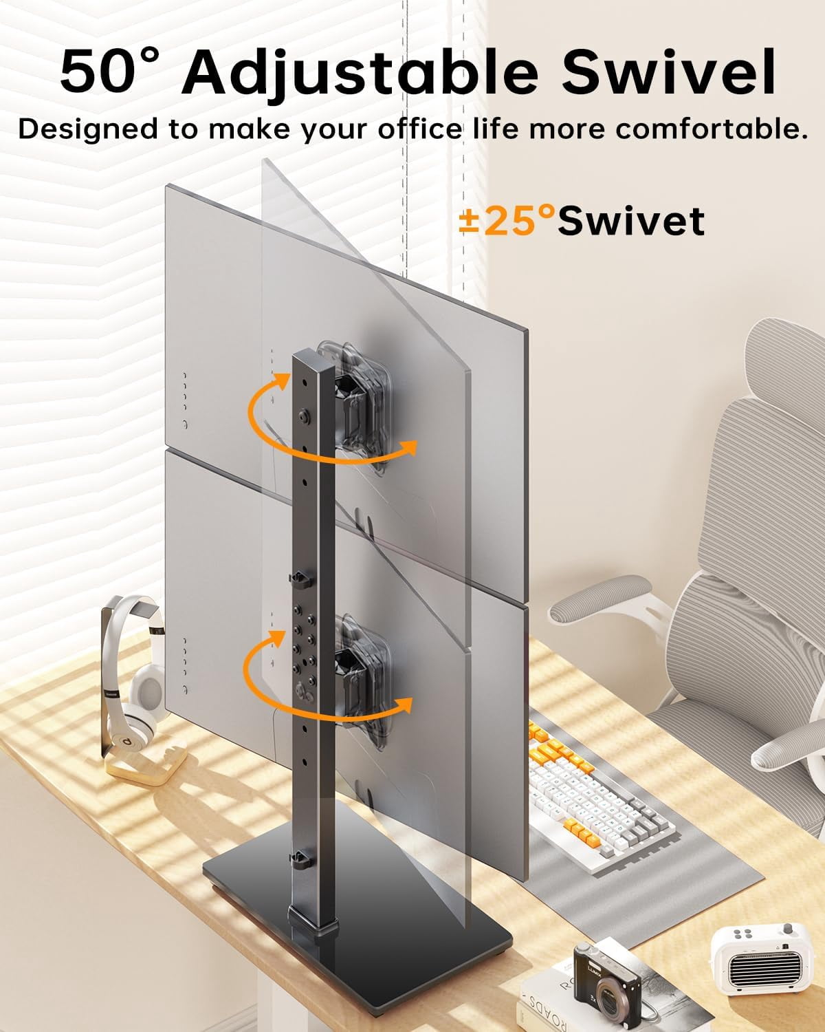 Dual Monitor Stand FreeStanding Desk Riser for 13-32 inch Screens with Swivel Tilt Rotation 4 Height Options Holds  to 77lbs VESA 75x75/100x100mm