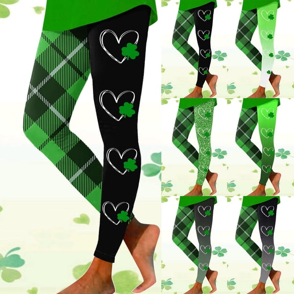 Shadoumai St Patricks Day Leggings For Women Casual Printed Shamrock Stretchy Irish Green Tights Tummy Control Workout Yoga Pants