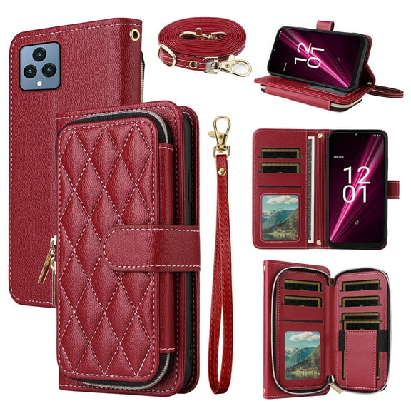 Argyle Wallet Case for T-Mobile Revvl 6/6X 5G with Wrist Strap Shoulder Strap Flip Credit Cell Phone Cover for Tmobile Revvl6 X Revvl6X T Mobile Revvl6X5G Revel Tmo Revell Rebel TCL Women Girls Red