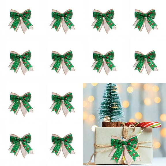 12Pcs 3.9" Christmas Bow Decorations, Burlap Mini Wreaths Bows, Small Christmas Tree Bow, Gift Box Bow Ties, Xmas Decorative Bows Ornaments for Home Christmas Party