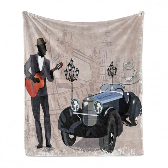 Urban Soft Flannel Fleece Throw Blanket, London and Paris Streets with Musicians Retro Cars Cafes Old Town View Print, Cozy Plush for Indoor and Outdoor Use, 60" x 80", Warm Taupe Black, by Ambesonne