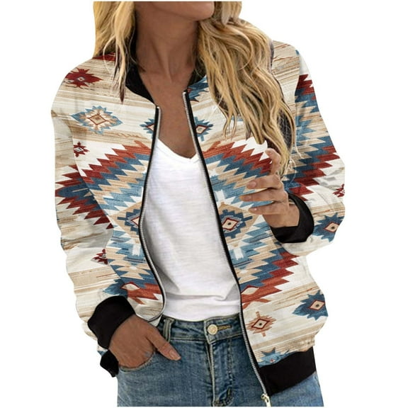 VOONCAS Womens Southwestern Bohemian Ethnic Print Bomber Jacket - Stretchy Full-Zip, Multicolor, Ribbed Cuffs, Spring/Fall Casual Outerwear (S-XXL),Size XL