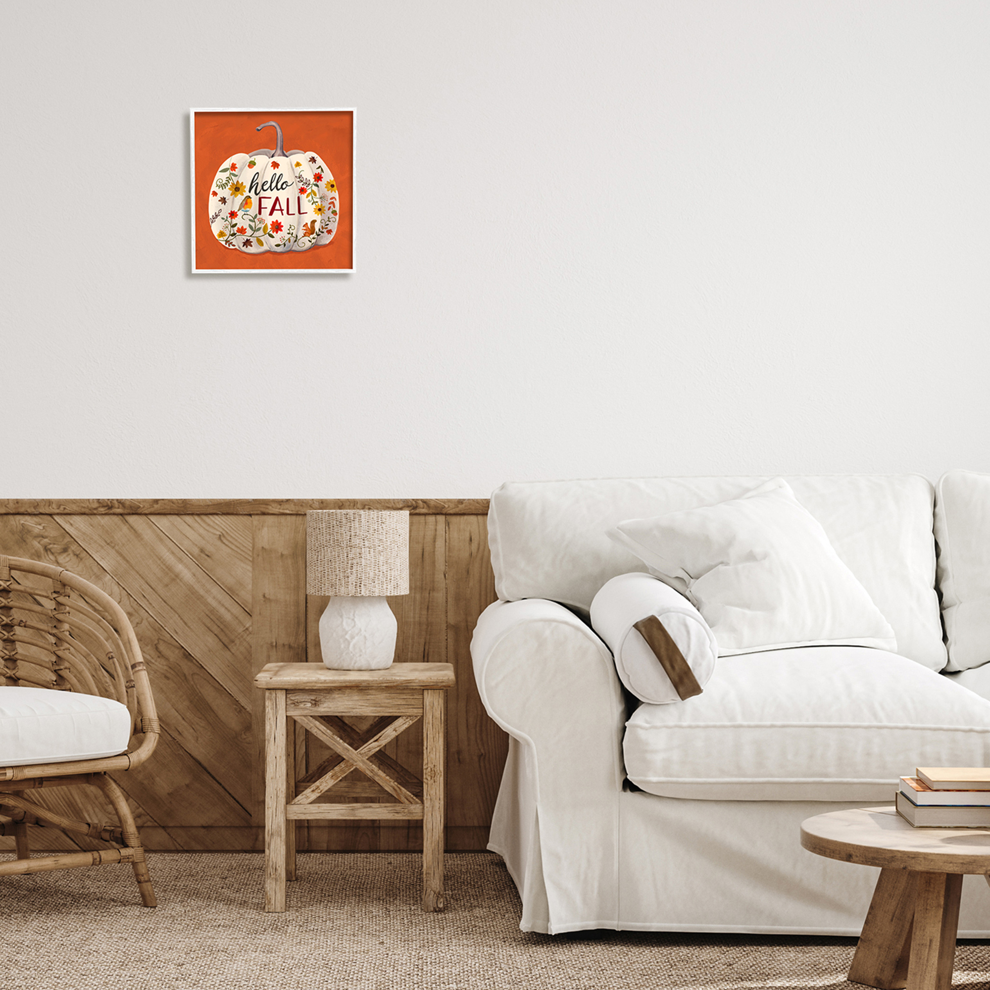 Hello Fall Patterned White Pumpkin Floral Botanicals Botanical & Floral Graphic Art Framed Art Print Wall Art
