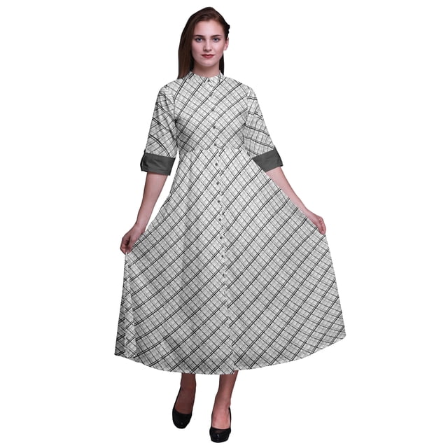Bimba Robe à Manches Retroussables pour Femmes à Carreaux Imprimés, Col Mandarin, Chemise Boutonnée - X-Grand