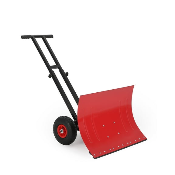 Heavy Duty Rolling Snow Shovel with Wheels - 7-Position Angled Metal Blade - Adjustable Ergonomic Handle - Ideal for Driveway, Sidewalk, Pavement, and Doorway Snow Removal