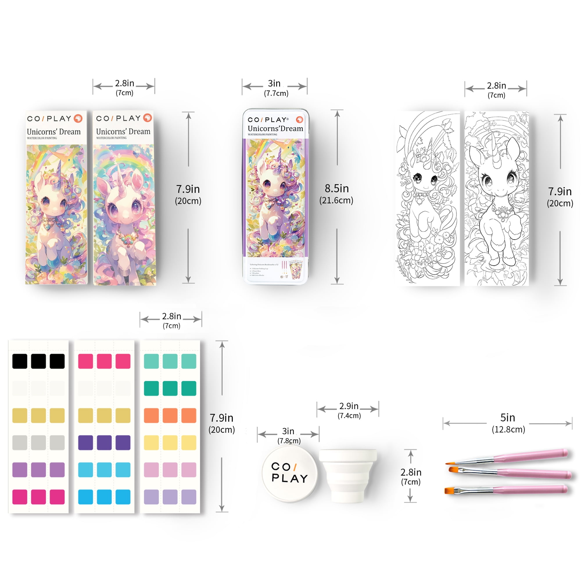 COIPLAY: Watercolor Painting Art Kit - Unicorns Dream - Tin Box, 52 Enchanting Bookmarks, 648 Color Blocks, 3 Brushes, Silicone Cup, Adults-Kids 6+
