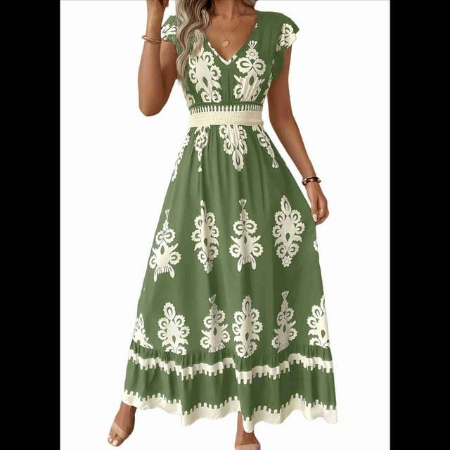 Vestidos de Verano para Mujer 2025, Vestidos Casuales con Mangas con Volantes, Vestidos de Playa Bohemios, Verde L