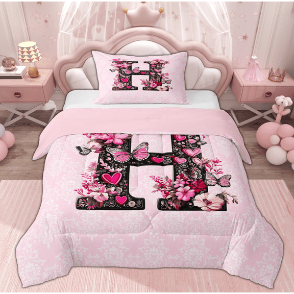 Erosebridal Floral Monogrammed H Twin Comforter Sets, Pink Damask Bedding Set, Pink Reversible, 2-Piece
