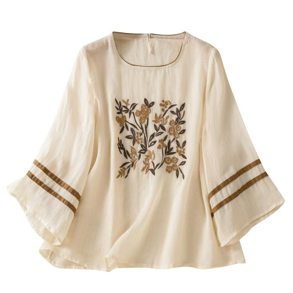 Boho Embroidered Tops for Women Long Sleeve Loose Fit Blouses Ethnic Peasant Shirts Casual Tunic