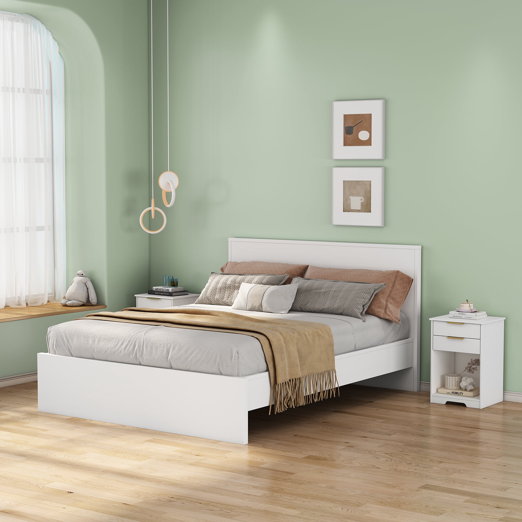 Nighstand With 2 Drawers,End Table,Nightstand with Open Space,Golden Handle,Morden Design,For Living Room,Bedroom,Easy Assemble,White