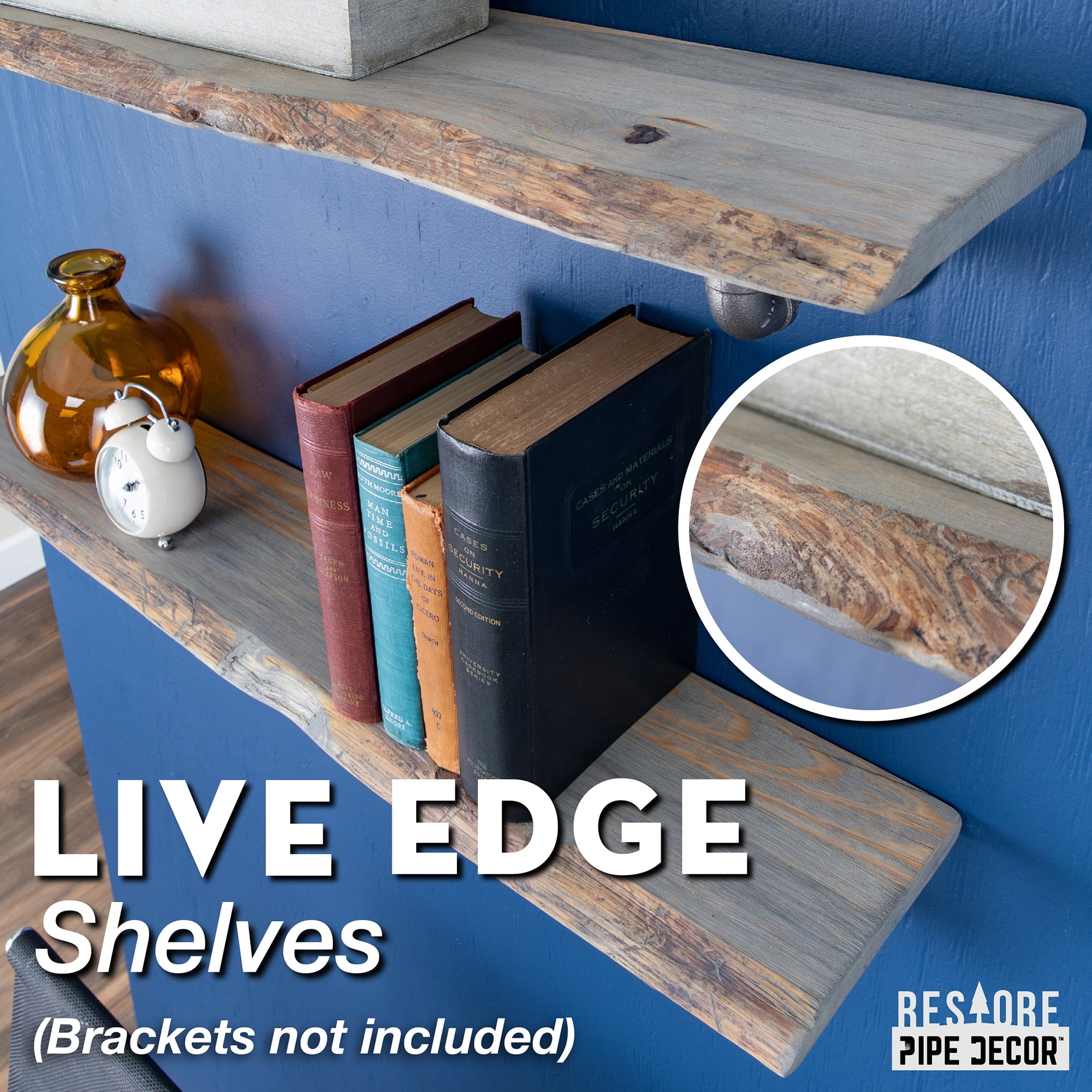 PIPE DECOR 36 in. Live Edge Wood Shelf Riverstone Grey 2 Pack (Wood Only)