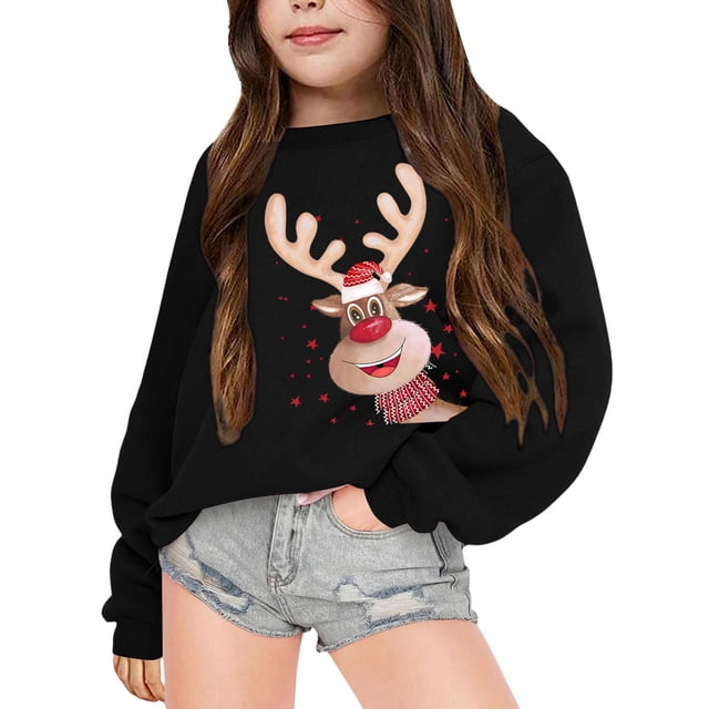 PMVFHDE Liquidation Chandails en Molleton pour Filles Tendance Automne et Hiver Manches Longues Imprimé de Noël Col Rond pour Garçons et Filles Plus Chaud Manteau Chandail en Molleton Mignon, Noir, 4-5 Ans