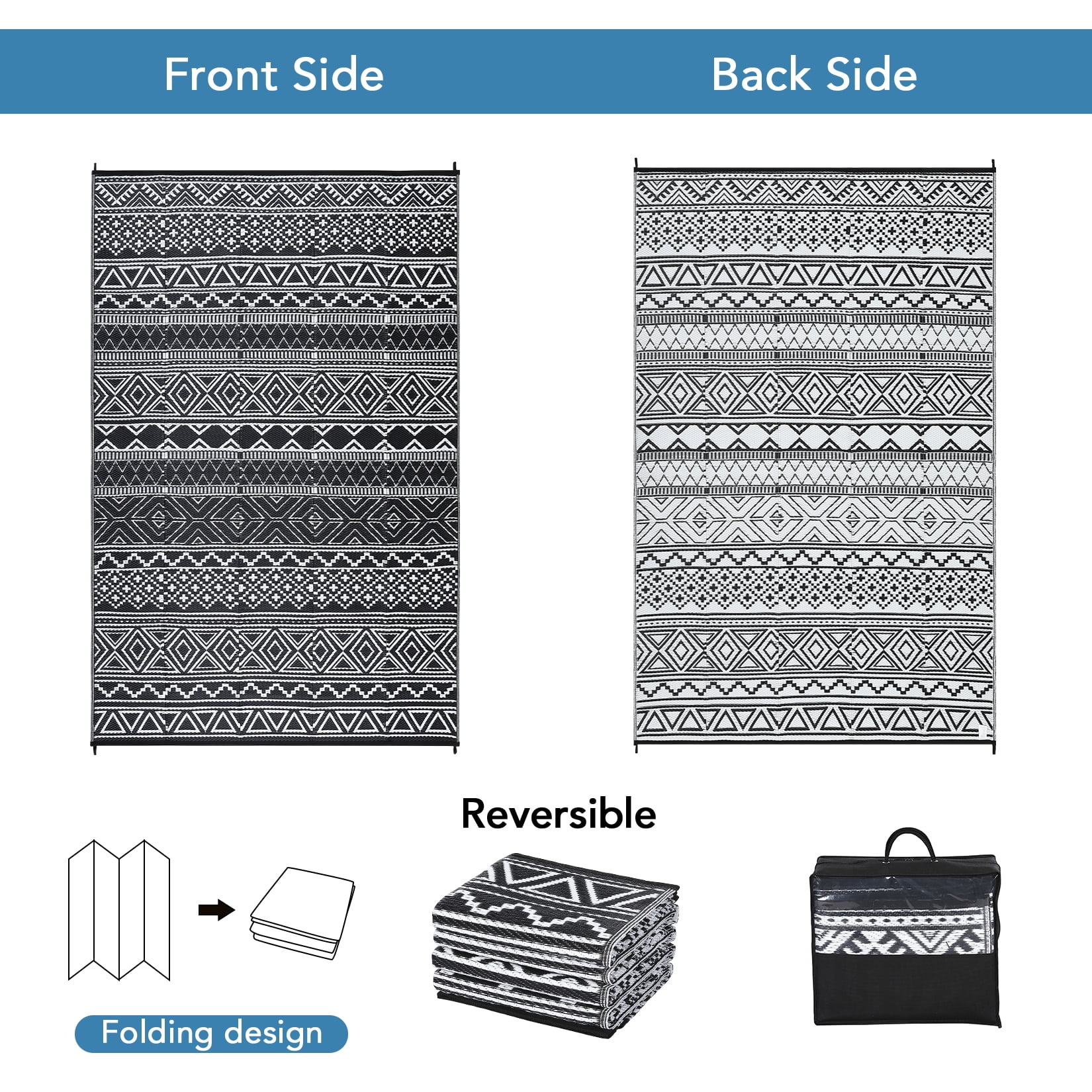 Garvee 5'x8' Plastic Outdoor Rugs, Bohemia Waterproof Straw Rug Reversible Indoor Outdoor Carpet for Patio Deck Porch Backyard Camping Picnic Beach, Black & White