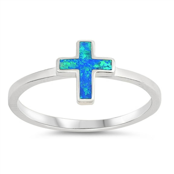 CHOOSE YOUR COLOR Blue Simulated Opal Christ Cross Christian Dainty Ring Sterling Silver Band CZ Female Size 10