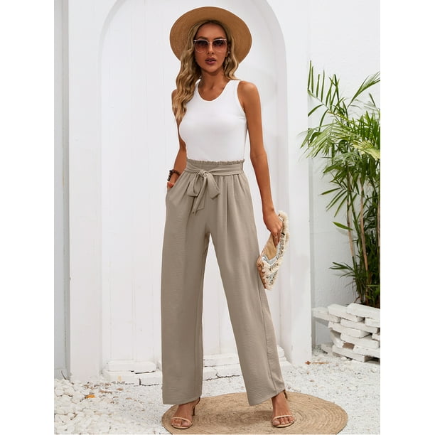 【INCHANT ME】Bow Cotton High Waist Wide Pants Chiclily Women's Wide Leg Lounge Pants with Pockets