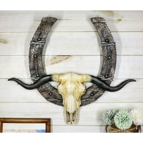 21" L Rustic Western Longhorn Bull Cow Skull With Giant Horseshoe Wall Decor