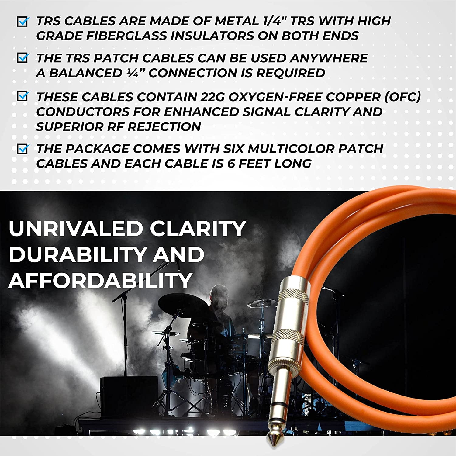 Seismic Audio SATRX-6 TRS Male-to-Male Cables, Multiple Colors, 6', 6-Pack