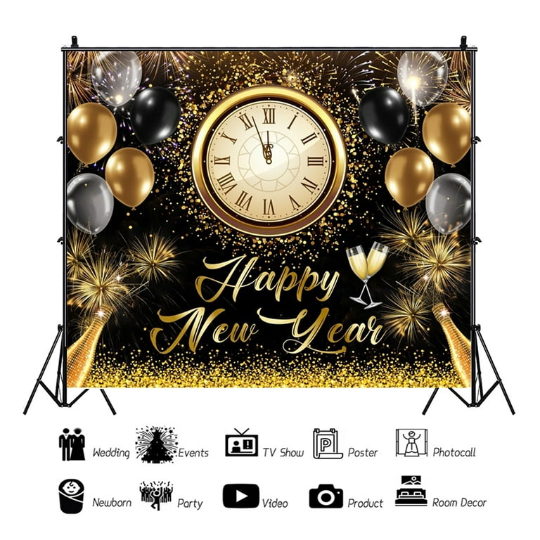 SUNOLIFE Gold Happy New Year Vinyl Backdrop 7x5ft 2024 Photography
