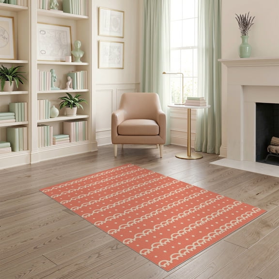 ODIKA 4'x6' Coral Wave Border Diamond Dot Washable Area Rug Geometric Repeating Striped Design for Bedroom, Reading Nook, Pet Friendly & Non-Shedding