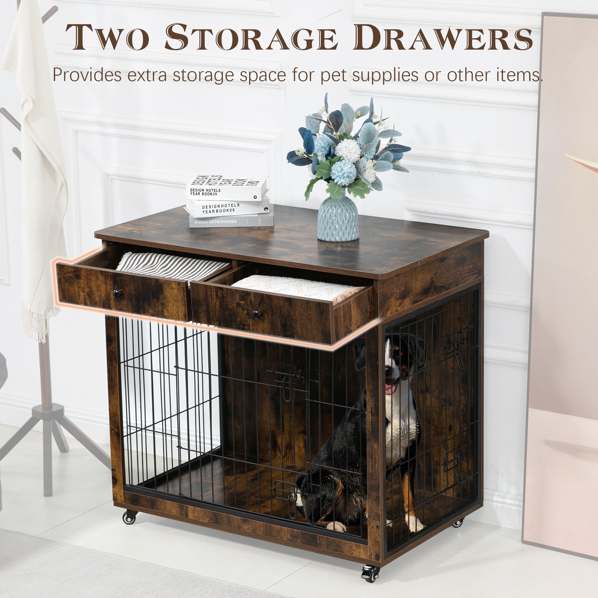 Pefilos 38" Wooden Dog Crate Furniture, Dog Kennel with Drawer, Indoor Dog House for Large Dog, Steel-Wire Dog Cage, Chew-Proof, Brown Pefilos 38" Wooden Dog Crate Furniture, Dog Kennel with Drawer, Indoor Dog House for Large Dog, Steel-Wire Dog Cage, Chew-Proof, Brown