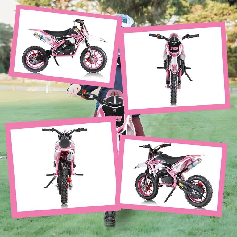 Mohsoe Kids Gas Dirt Bike 49cc 2-Stroke, 10 Inch Anti-Slip Tires with Shock Springs, Alloy Handlebars One Click Start, 30KM/H Max Speed, 25:1 Mixed Fuel, 150kg Capacity, 47 Inch