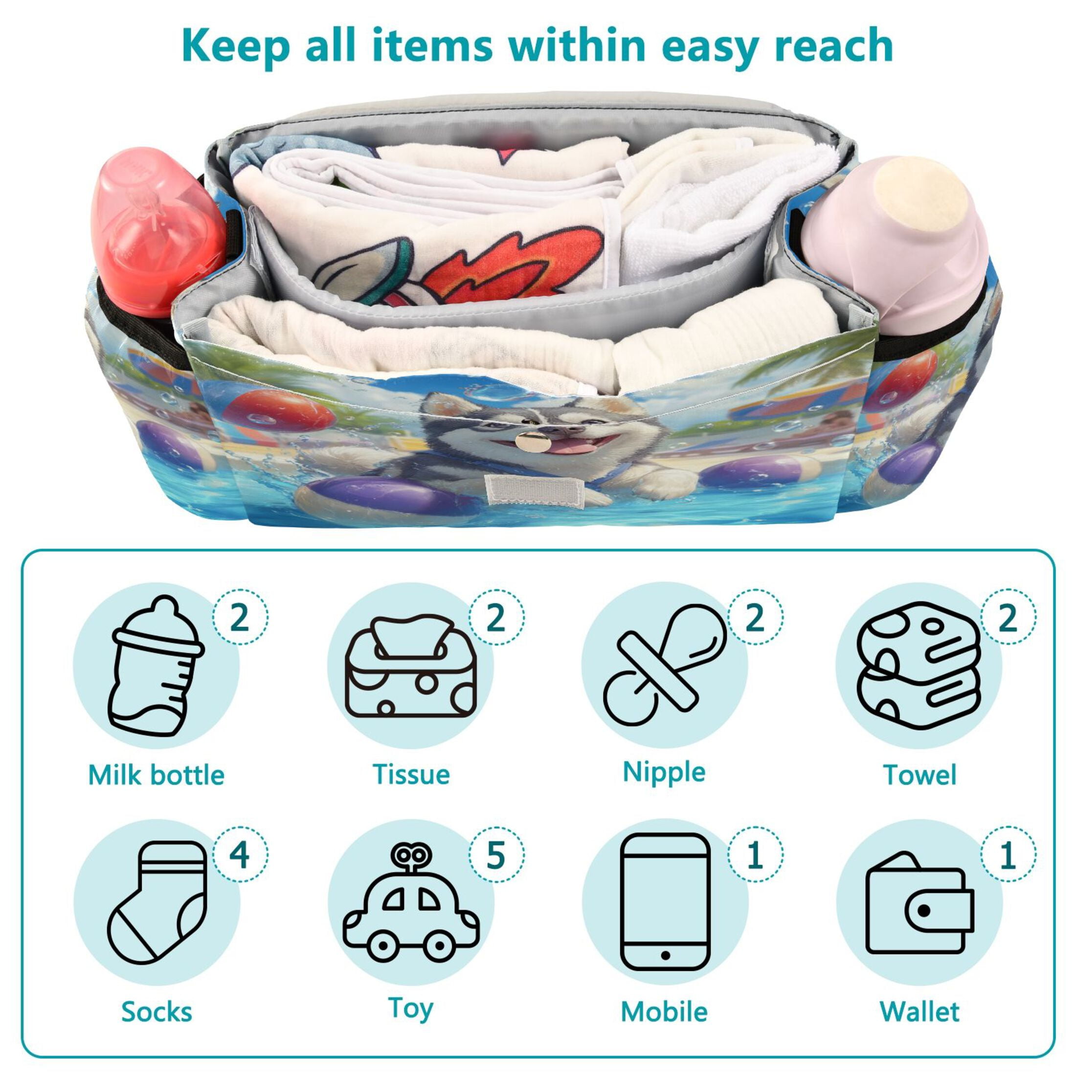 DIXRUYEE Stroller Organizer Husky's Splashing Good Time Printed