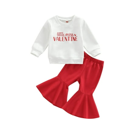 

Diconna Baby Girls Valentines Day Outfits Long Sleeve Sweatshirts Tops Flare Pants Toddler Girl Clothes Set White Red 6-12 Months