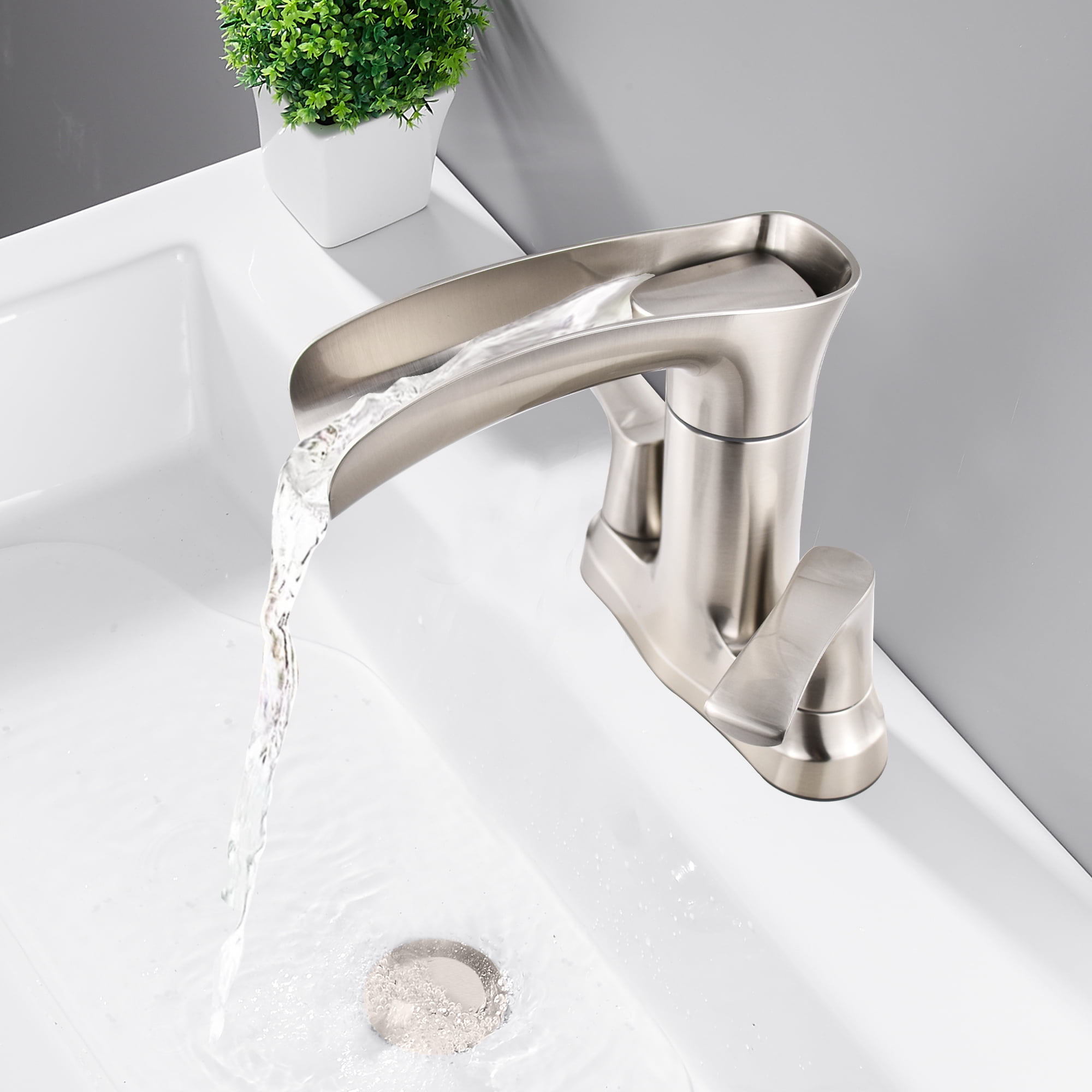 Sunrinx 4'' Centerset Bathroom Faucet 2-Handle Waterfall Faucet with 360° Swivel Spout, Brushed Nickel, Lead-Free Plastic, Pop-Up Drain