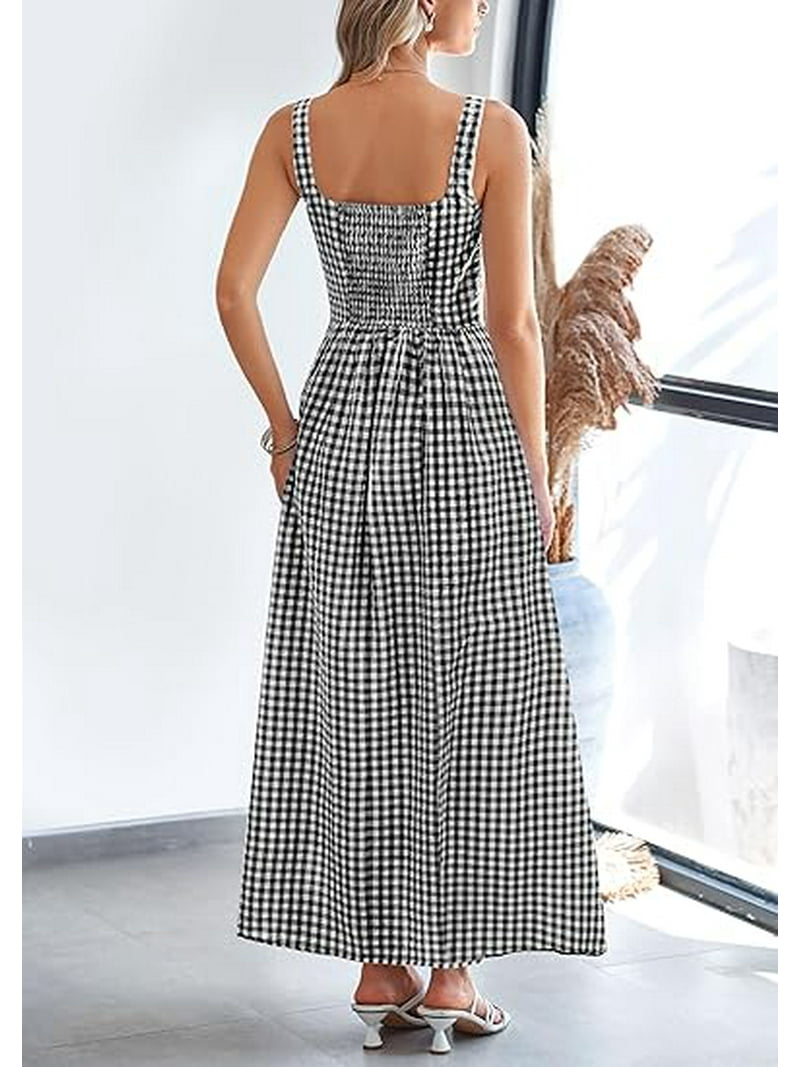 Maxi Dress Tartan Strappy Dress Prettygarden Women's Summer Spaghetti Strap  Maxi Dresses Plaid Square Neck A