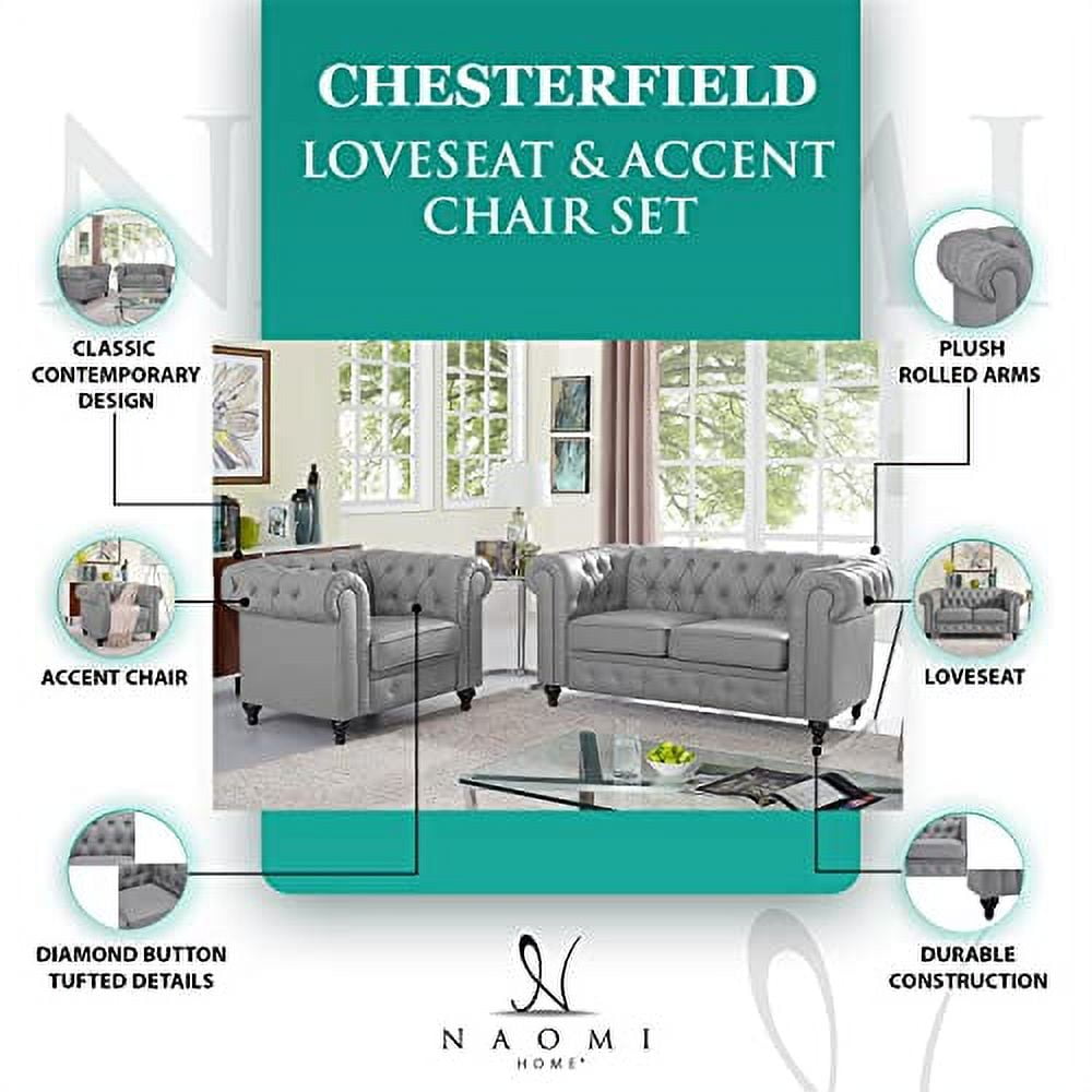 2 Piece Living Room Set, Faux Leather Chesterfield Loveseat & Chair, Deep Button Tufted with Rolled Arms, Home Furniture - Include 3-Seater Couch and Single Chair, White