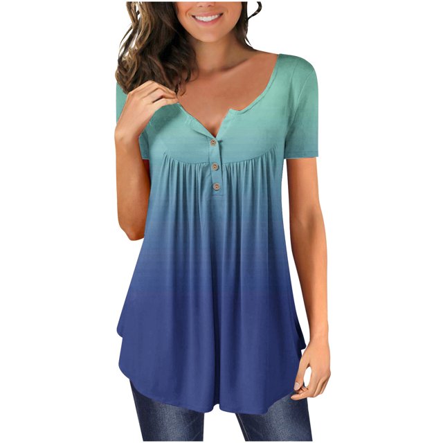DPTALR Women V- Neck Gradient Printed Tunic Tops Buttons Short Sleeve T-shirt