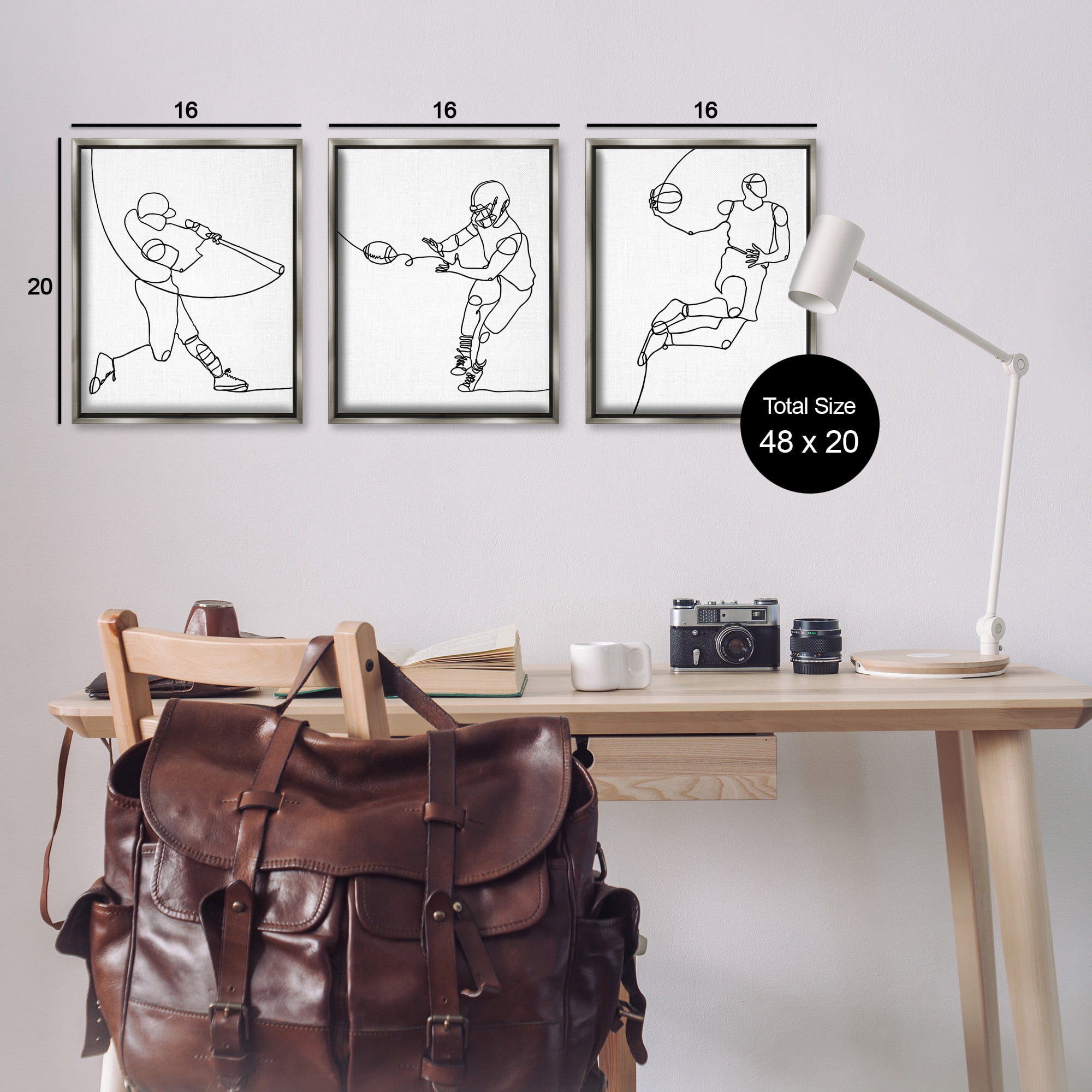 Stupell Industries Simple Line Doodle Playing Sports Sports Painting Gray Floater Framed Canvas Art Print Wall Art, 17 x 21, Set of 3