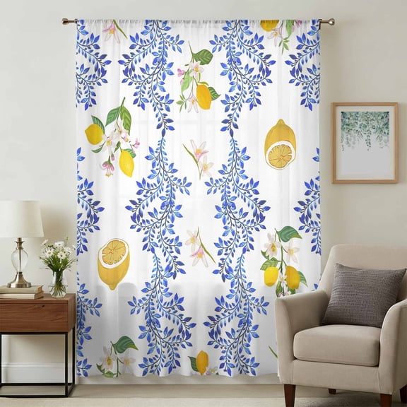 Summer Lemon Sheer Curtains 54 Inches Long, Navy Blue Spring Floral Botanical Light Filering Curtains, Breathable Simi Curtain Privacy Drapes for Kitchen Bathroom Nursery Small Window Treatment