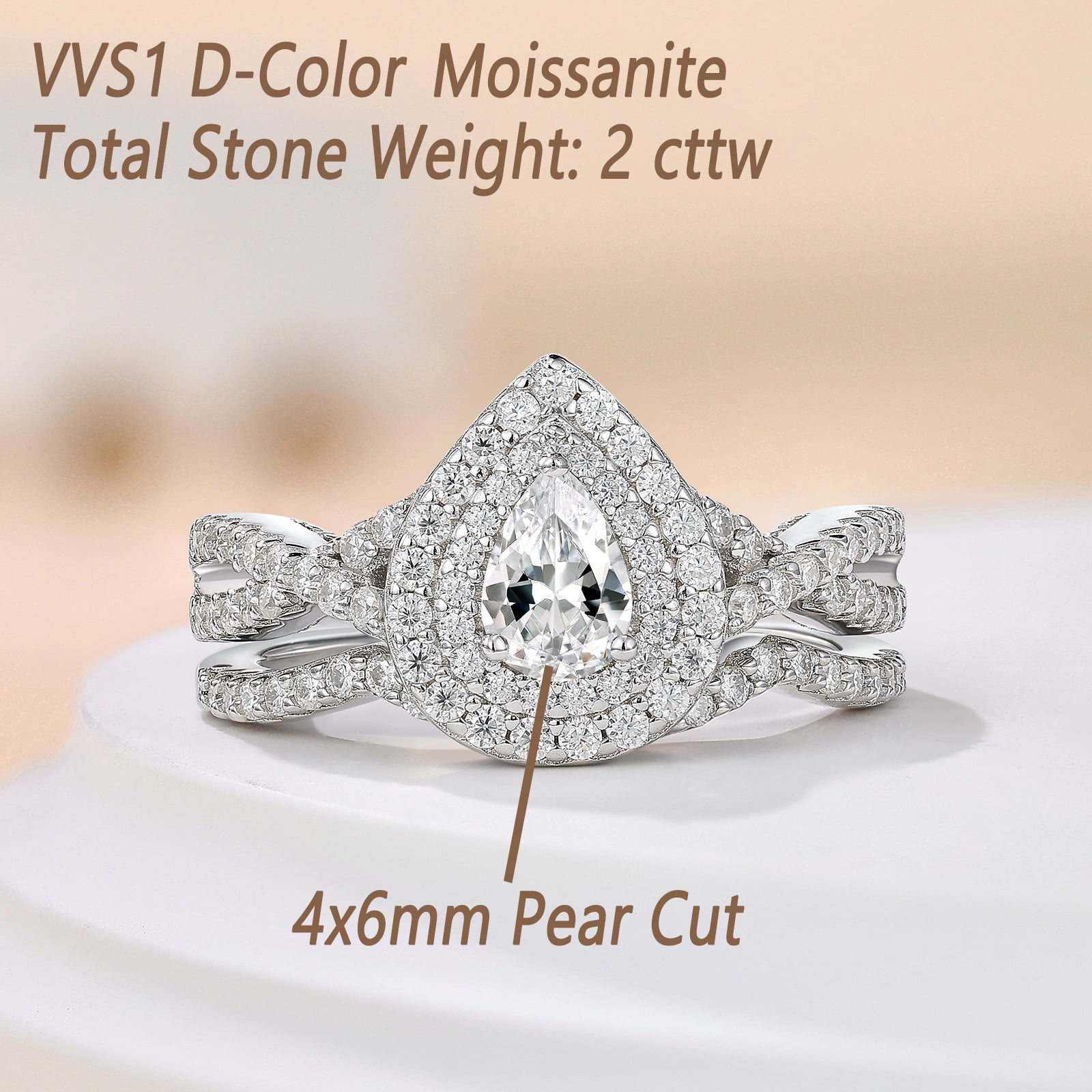 Newshe Jewellery 2 Ct Moissanite Wedding Rings for Women Twisted Band 925 Sterling Silver Rings Size 8