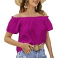 thumbnail image 1 of Blusa de manga corta con volantes y dobladillo con volantes para mujer Camisa con hombros descubiertos de color puro de verano Púrpura XXL, 1 of 8