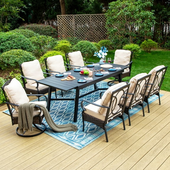 Summit Living 9-Piece Metal Outdoor Patio Dining Set wivel Chairs and Outdoor Tables, Black/Beige