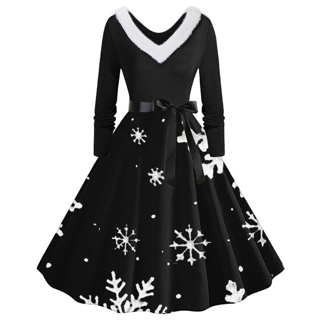 TIMIFIS Robes de Noël pour Femmes, Robes Maxi pour Femmes Robe Vintage de Vacances Manches Longues Col en V en Fourrure Robe Dos Nu