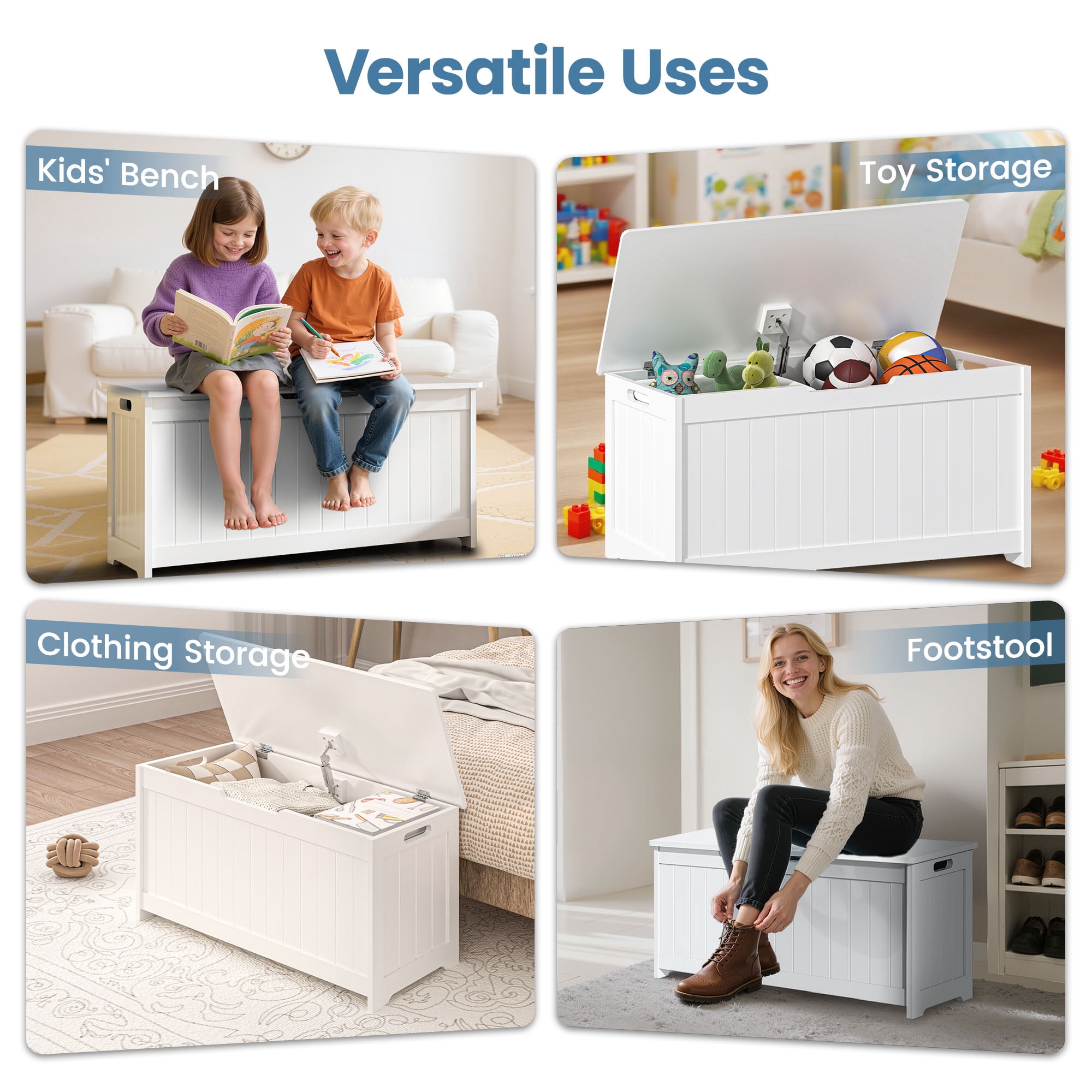 Kids Toy Box, White Wooden Toy Chest Organizer with Safety Hinged Lid, Entryway Storage Bench Supports 100 lbs, Toy Storage Chest for Bedroom, Toddler Room