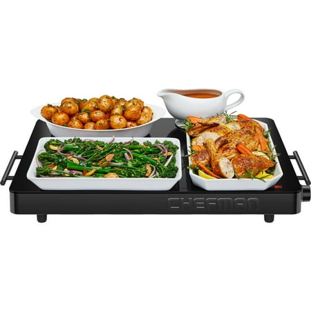 Chefman Electric Warming Tray w/ Adjustable Temperature Control  21” x 16” Glass-Top Surface – Black ( Has a small Bend on side)