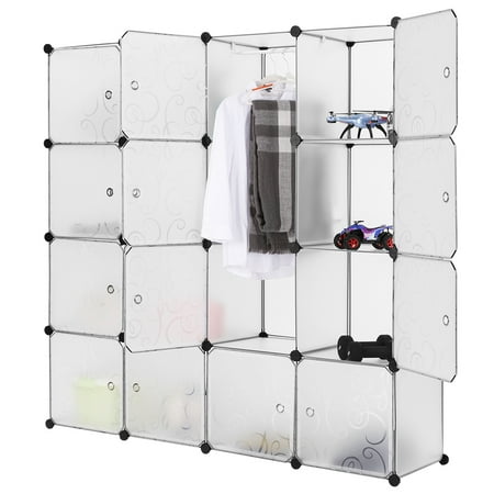 LANGRIA 16-Cube Modular Clothes Shelving Storage Organizer DIY Plastic Shoe Rack Cabinet with Doors Translucent White