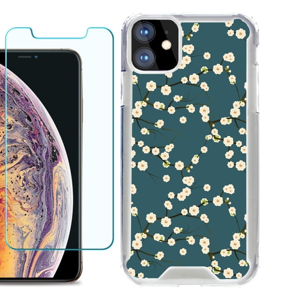 For Apple iPhone 11 Case, Hybrid Bumper Phone Case, with Tempered Glass Screen Protector, by OneToughShield ® - Blossom Green