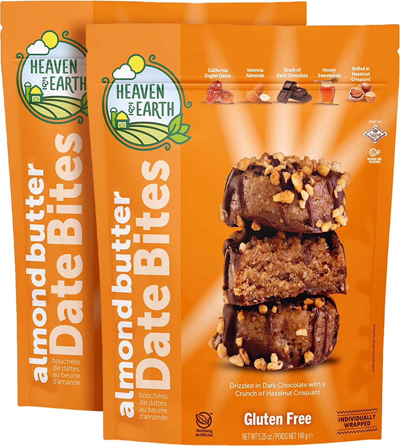 Heaven & Earth chocolate Covered Almond Butter Date Bites with Hazelnut Croquant, 5.25oz