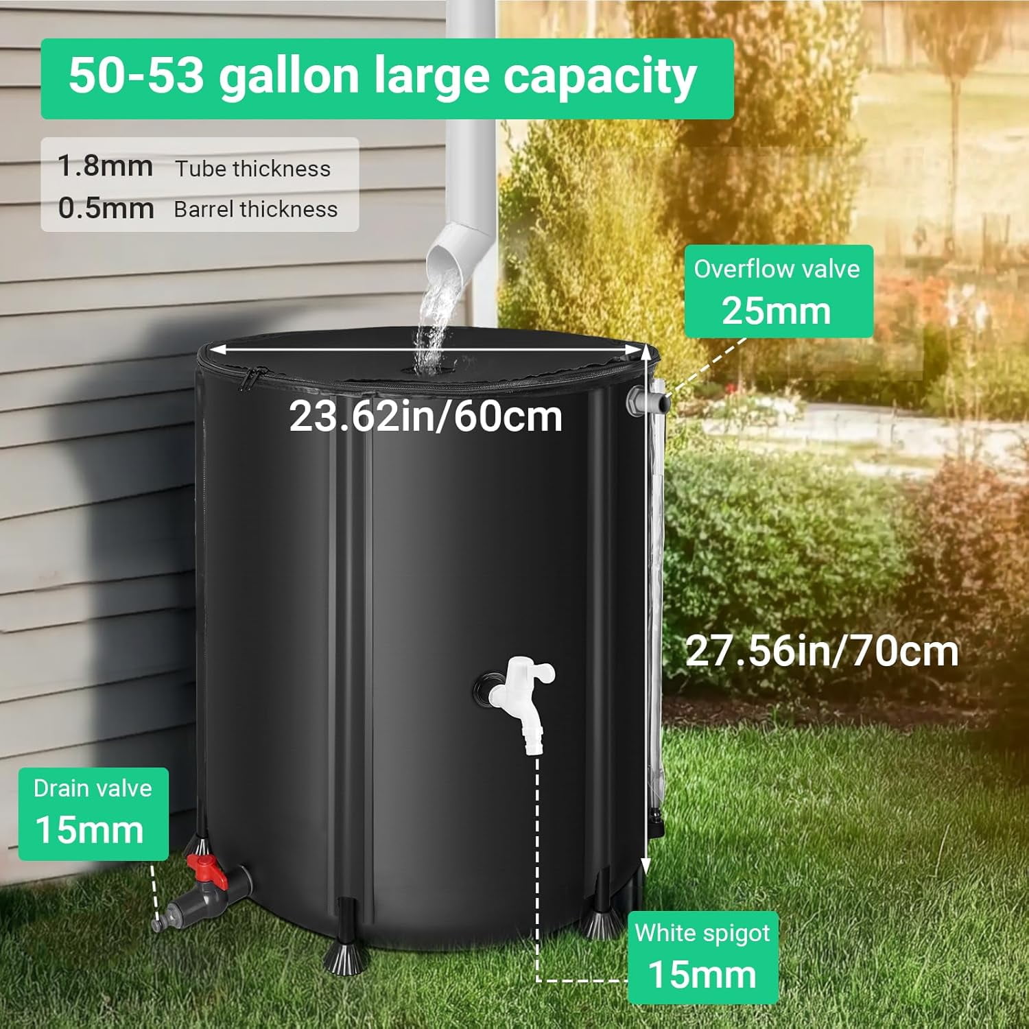 50 Gallon Collapsible Rain , 200L Portable Water  System for Garden & Emergency Use
