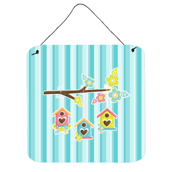 Birdhouses on Blue Stripes Wall or Door Hanging Prints