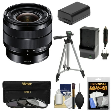 Sony Alpha E-Mount 10-18mm f/4.0 OSS Wide-angle Zoom Lens + 3 Filters + Tripod + NP-FW50 Battery & Charger Kit for A7, A7R, A7S Mark II, A5100, A6000, (Best Wide Angle Lens For Sony A7r)